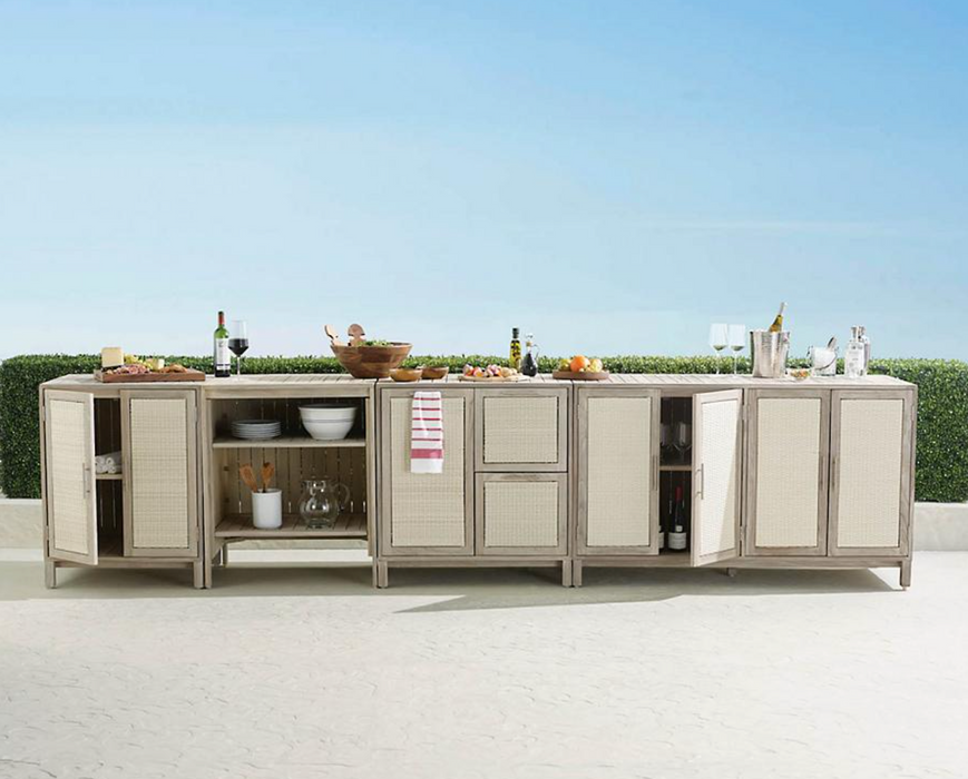Isola Cabinet with Open Shelves Weathered Teak Outdoor kitchens FrontGate   