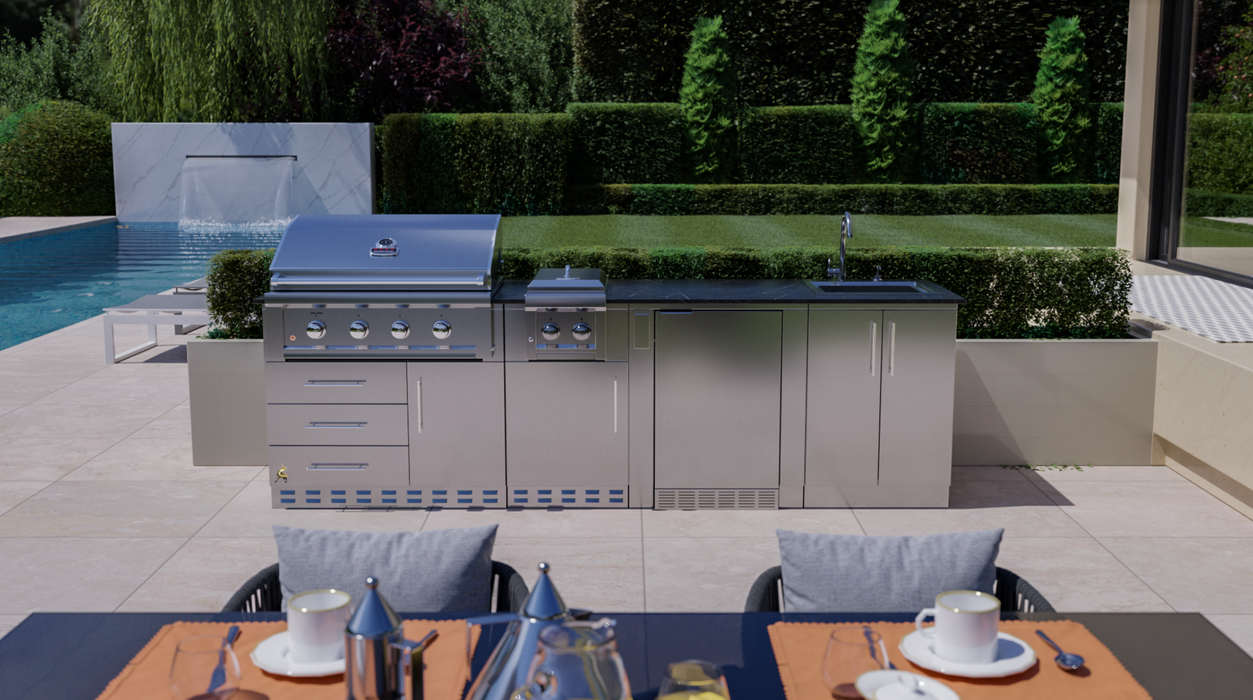 HOUSTON 9'-8" Grill/Double Burner/Bar Sink & Fridge Island Package BBQ GRILL SunStone Barbecue Grills HOUSTON 9'-8" Grill/Double Burner/Bar Sink & Fridge Island Package - LPG