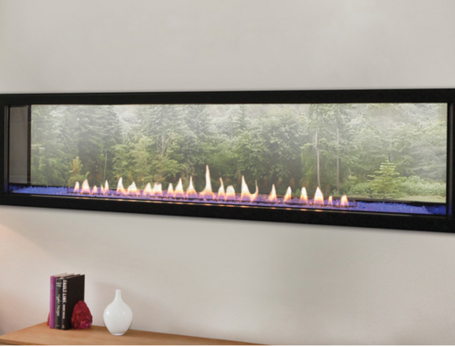 60" Boulevard Linear See-Through Vent-Free Natural Gas Fireplace with Programmable LED Lighting under Burner.