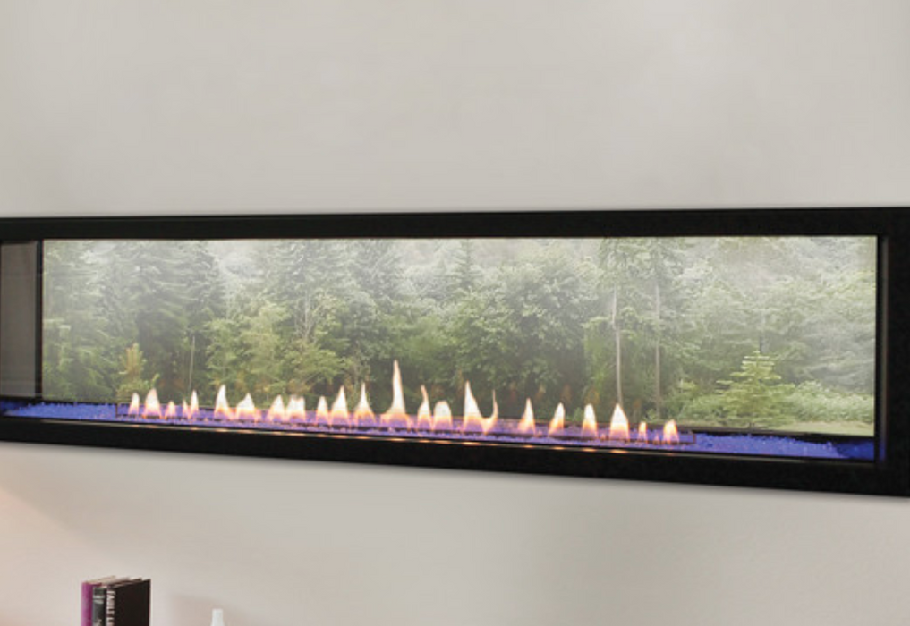 60" Boulevard Linear See-Through Vent-Free Propane Gas Fireplace with Programmable LED Lighting under Burner.