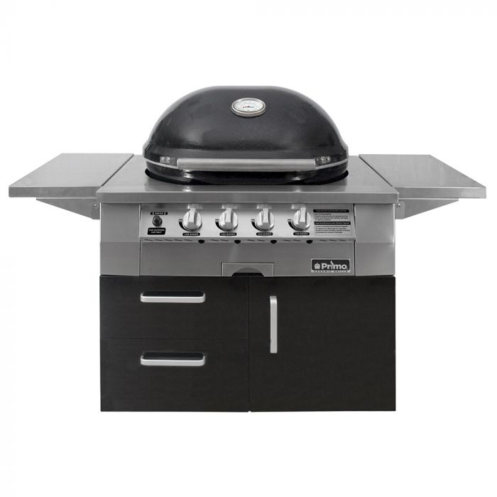 Primo GXLC Extra Large Oval Ceramic Propane Kamado Grill on Two-Drawer Cart