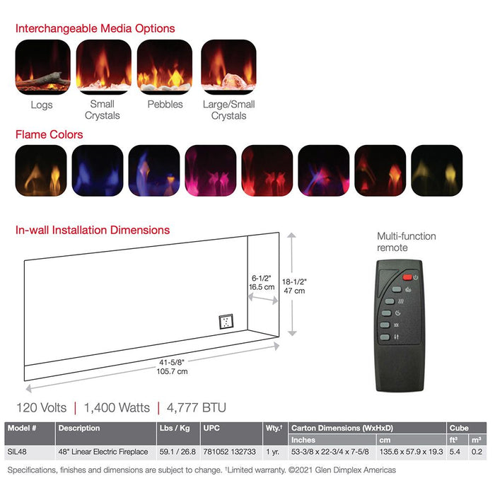 Dimplex SIL72 Sierra Series Wall Mount/Built-In Linear Electric Fireplace, 72-Inch