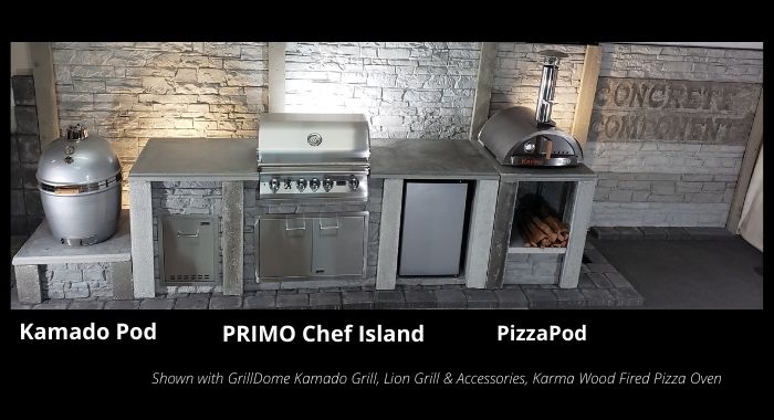 Stone Kitchen Primo Chef Island + Kamado Pod + Pizza Oven