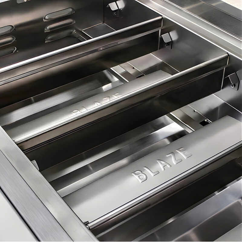 EZ Finish Systems 8 Ft Ready-To-Finish Grill Island with Blaze Premium LTE 32-Inch Grill, Refrigerator, Combo, and Trash Drawer