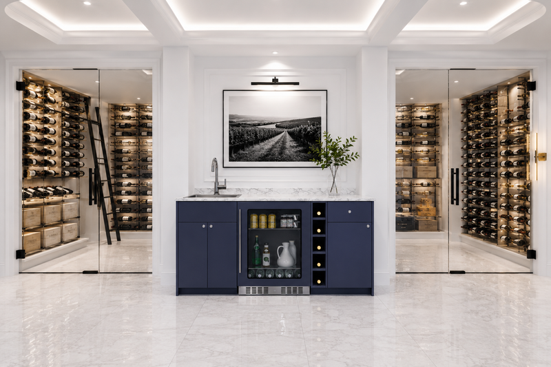 Oasis Wet Bar, Sink Fridge and Wine Storage | Navy 35.75" H x 68.5" W x 25.5" D
