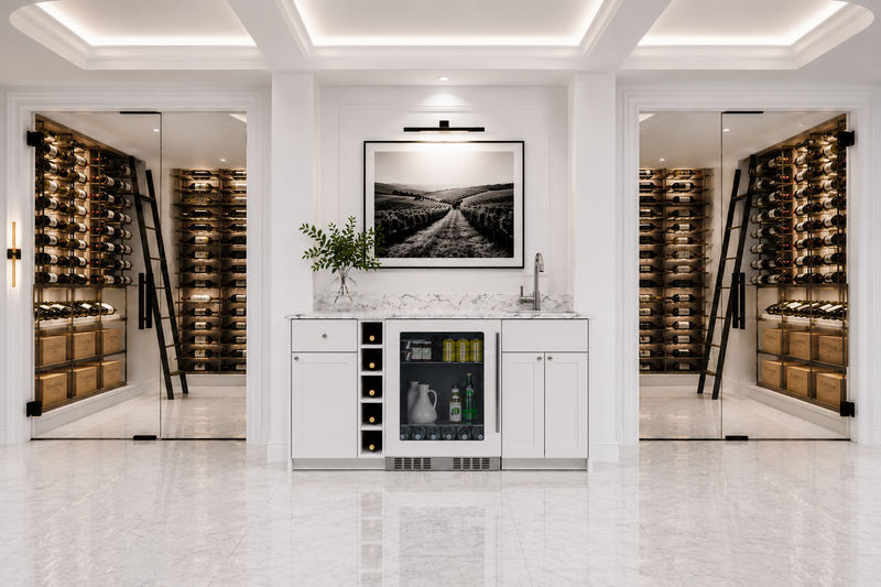 Oasis Wet Bar, Sink Fridge and Wine Storage | White ADA-Compliant 33.75" H x 68.5" W x 25.5" D