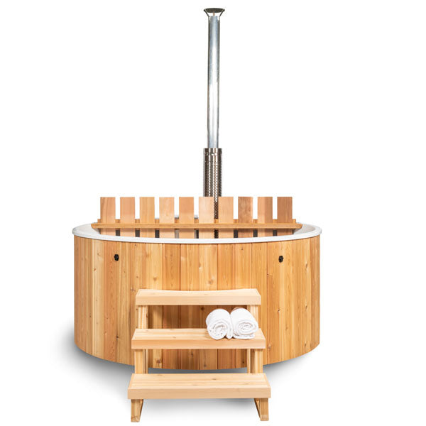 The Evolution Cedar Tub 7' -Knotty Red Cedar plus wood-burning heater