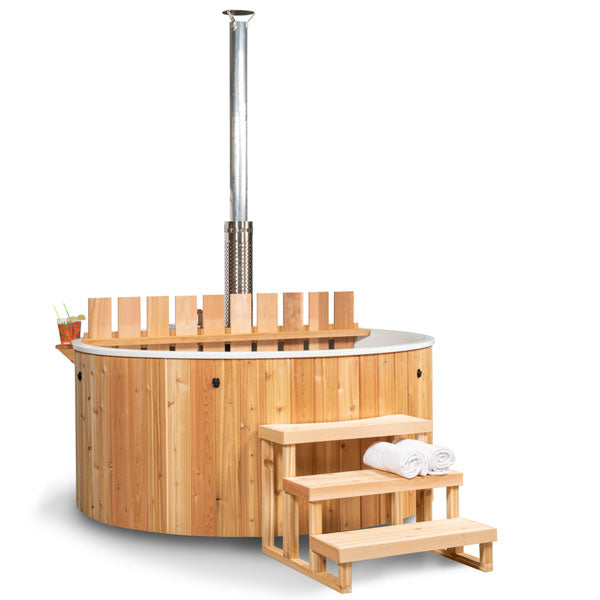 The Evolution Cedar Tub 7' -Knotty Red Cedar plus wood-burning heater
