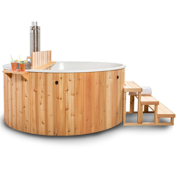 The Evolution Cedar Tub 7' -Knotty Red Cedar plus wood-burning heater