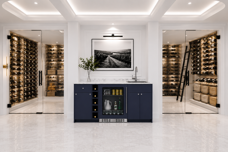 Oasis Wet Bar, Sink Fridge and Wine Storage | Navy ADA-Compliant 33.75" H x 68.5" W x 25.5" D