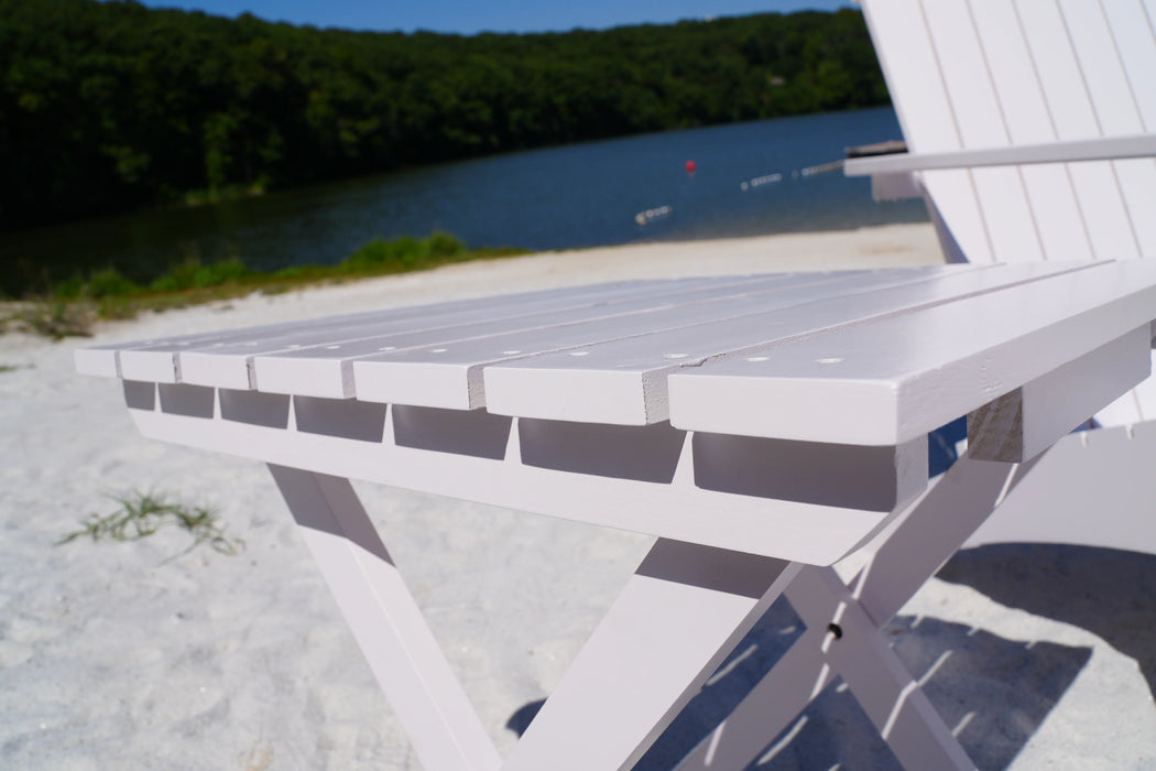White Extra-Wide Solid Cedar Adirondack Chair with Built-In Bottle Opener and Matching Folding Table