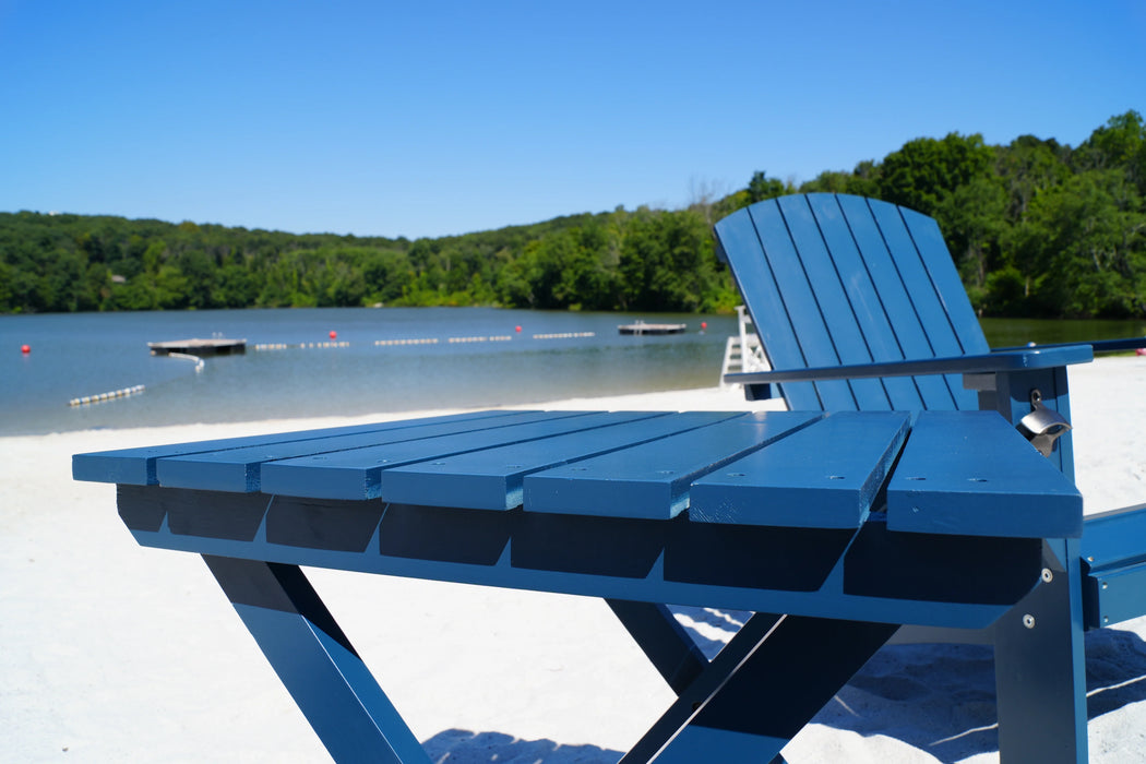 Navy Extra-Wide Solid Cedar Adirondack Chair with Built-In Bottle Opener and Matching Folding Table