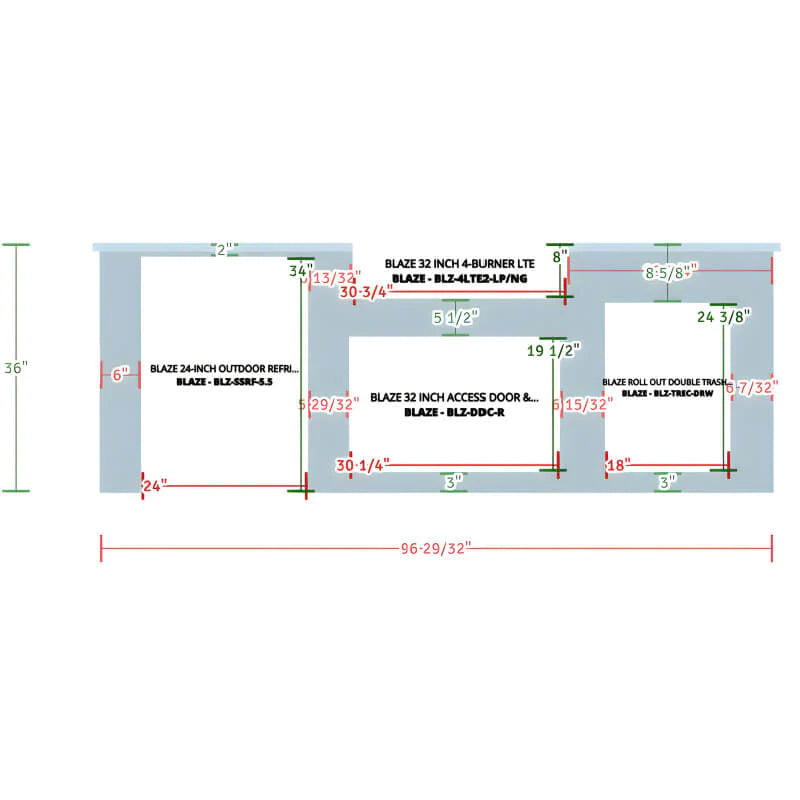 EZ Finish Systems 8 Ft Ready-To-Finish Grill Island with Blaze Premium LTE 32-Inch Grill, Refrigerator, Combo, and Trash Drawer