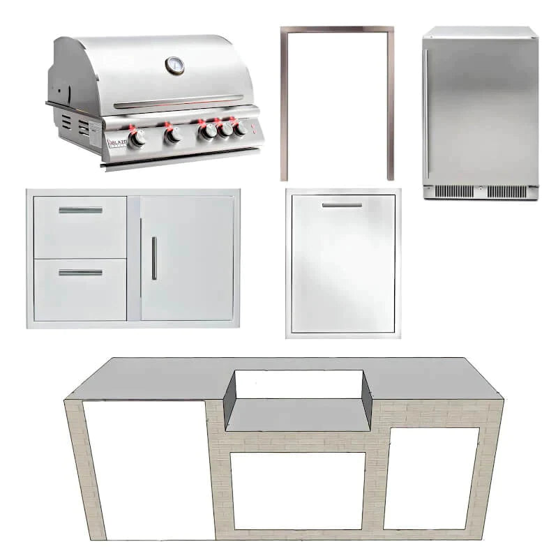 EZ Finish Systems 8 Ft Ready-To-Finish Grill Island with Blaze Premium LTE 32-Inch Grill, Refrigerator, Combo, and Trash Drawer - Natural Gas