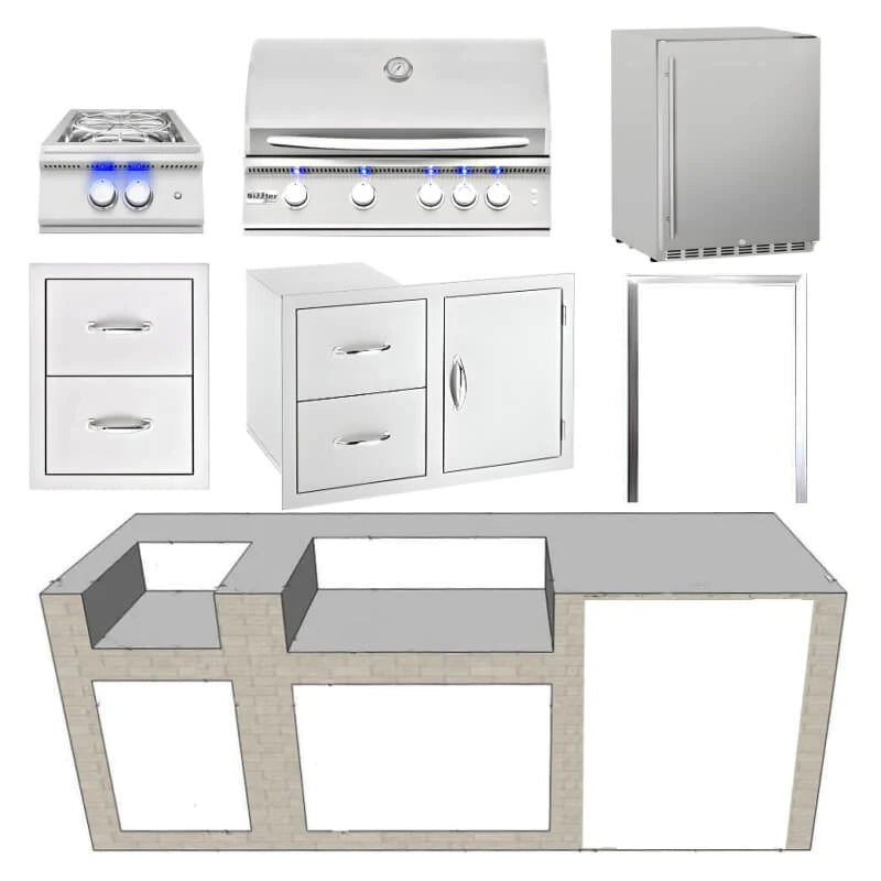 EZ Finish Systems 8 Ft Ready-To-Finish Grill Island with Summerset Sizzler Pro 32-Inch Grill, Power Burner, Combo, Double Drawer, and Refrigerator