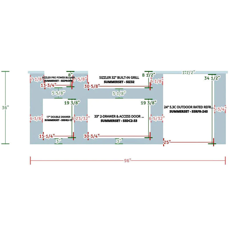 EZ Finish Systems 8 Ft Ready-To-Finish Grill Island with Summerset Sizzler Pro 32-Inch Grill, Power Burner, Combo, Double Drawer, and Refrigerator