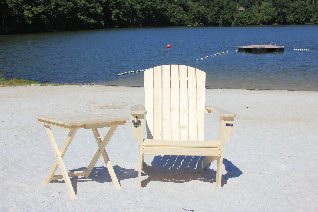 Unfinished Extra-Wide Solid Cedar Adirondack Chair with Built-In Bottle Opener and Matching Folding Table
