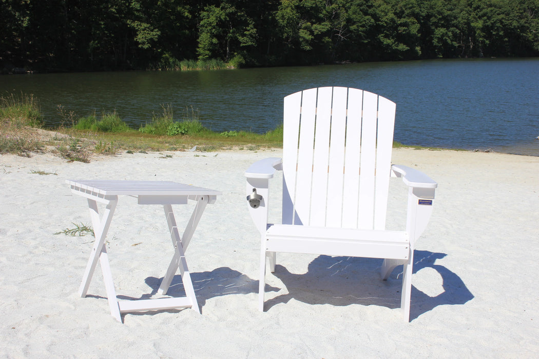 White Extra-Wide Solid Cedar Adirondack Chair with Built-In Bottle Opener and Matching Folding Table
