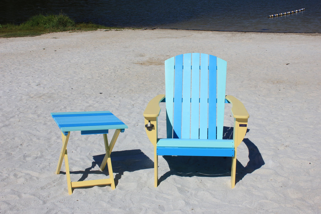 Tropical Beach Extra-Wide Solid Cedar Adirondack Chair with Built-In Bottle Opener and Matching Folding Table