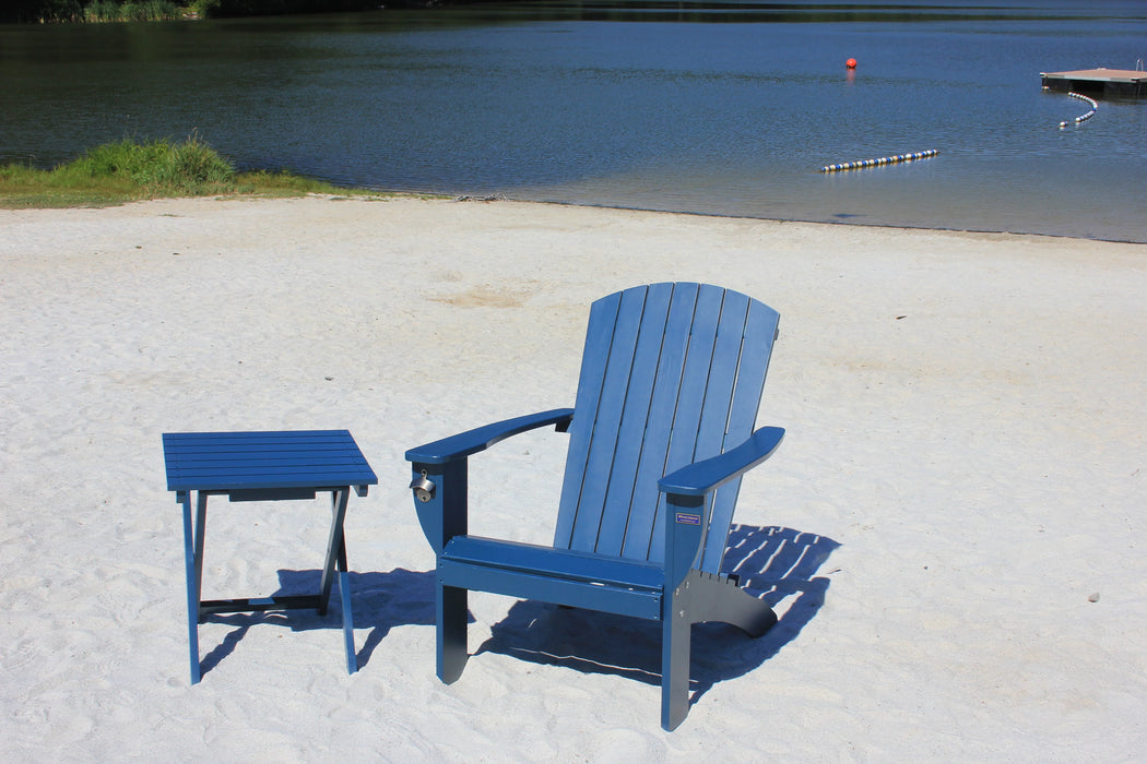 Navy Extra-Wide Solid Cedar Adirondack Chair with Built-In Bottle Opener and Matching Folding Table