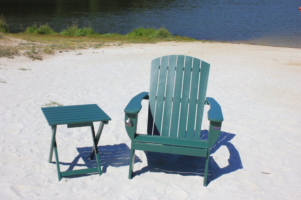 Forest Green Extra-Wide Solid Cedar Adirondack Chair with Built-In Bottle Opener and Matching Folding Table