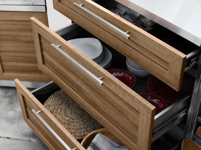Outdoor Kitchen Stainless Steel 7 Piece Cabinet Set with Sink, Triple Drawer, Bar, Grill Cabinet, Platinum Grill, and Fridge - 13'4''