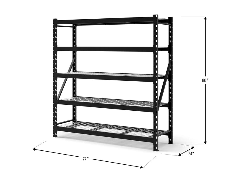 Five-Tier 77" Industrial Storage Rack with Adjustable 20-Gauge Steel Shelves, 5,000 lb Total Load Capacity, Floor-Mounted Design.