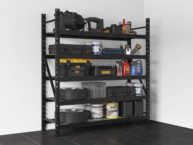 Five-Tier 77" Industrial Storage Rack with Adjustable 20-Gauge Steel Shelves, 5,000 lb Total Load Capacity, Floor-Mounted Design.