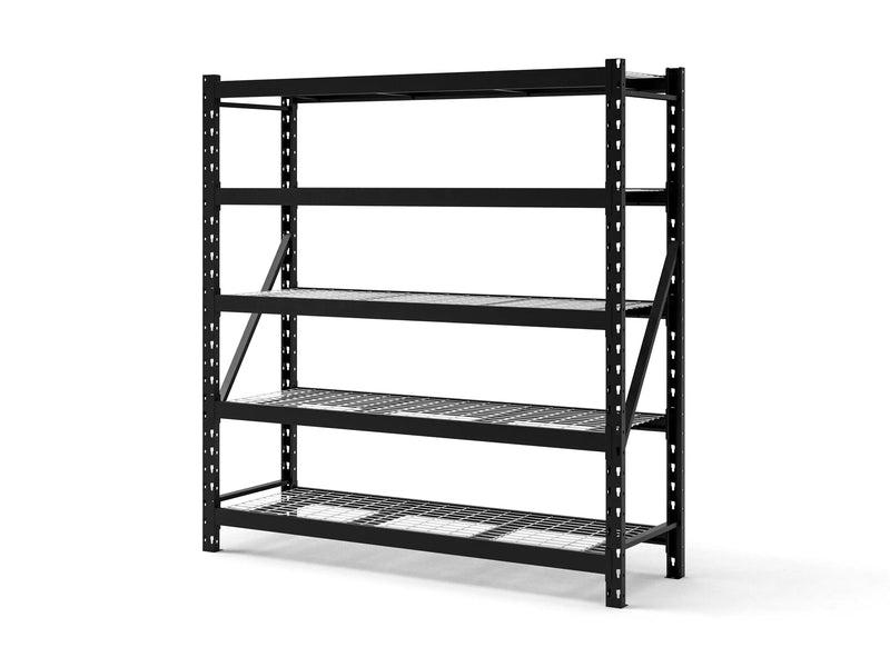 Five-Tier 77" Industrial Storage Rack with Adjustable 20-Gauge Steel Shelves, 5,000 lb Total Load Capacity, Floor-Mounted Design.