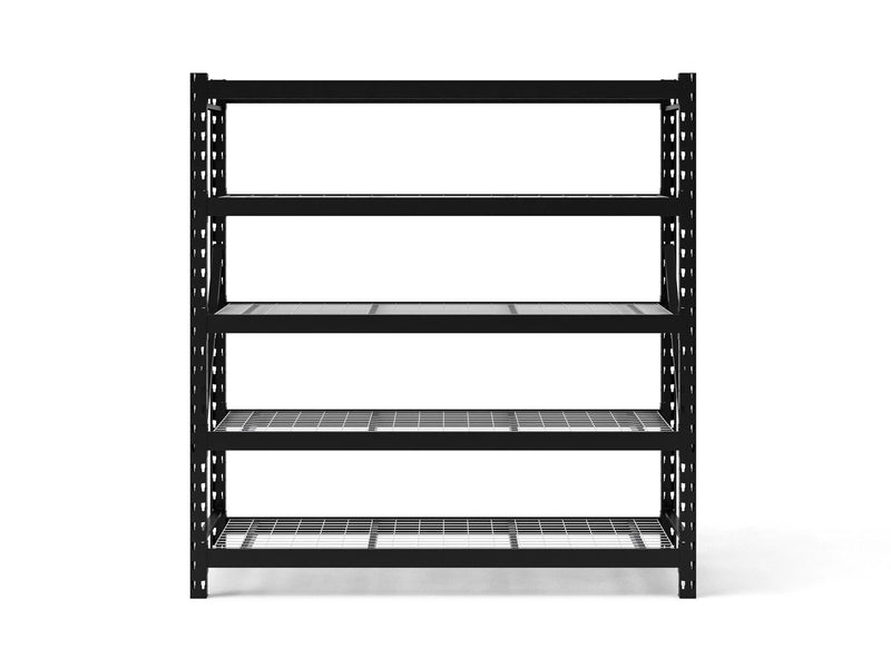 Five-Tier 77" Industrial Storage Rack with Adjustable 20-Gauge Steel Shelves, 5,000 lb Total Load Capacity, Floor-Mounted Design.