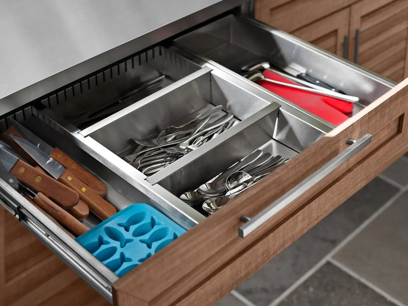 Outdoor Kitchen Stainless Steel 7 Piece Cabinet Set with Sink, Triple Drawer, Bar, Grill Cabinet, Platinum Grill, and Fridge - 13'4''