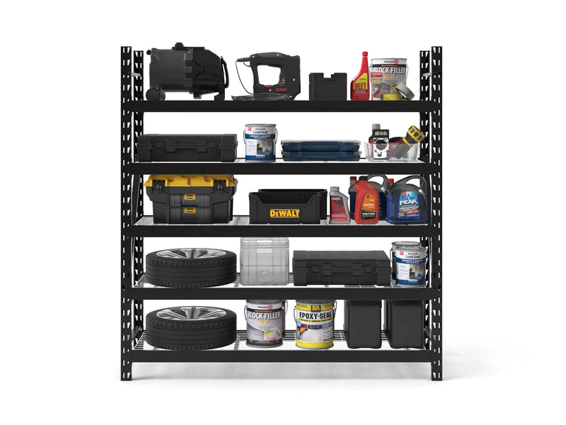 Five-Tier 77" Industrial Storage Rack with Adjustable 20-Gauge Steel Shelves, 5,000 lb Total Load Capacity, Floor-Mounted Design.