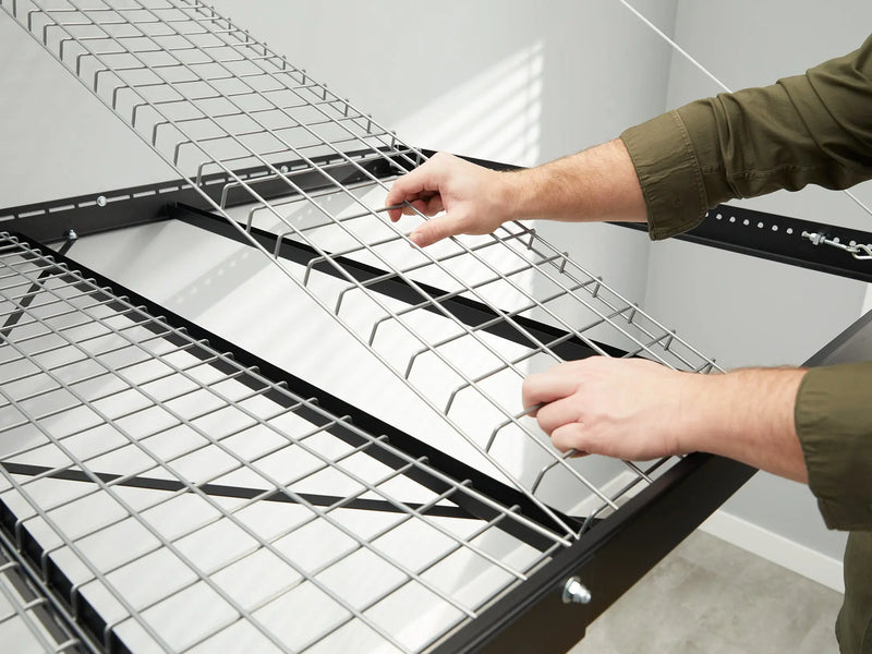 Steel Shelves 4' x 8' and 2' x 8' · Heavy-Gauge Steel · 600 lbs Weight Capacity · Wall-Mounted