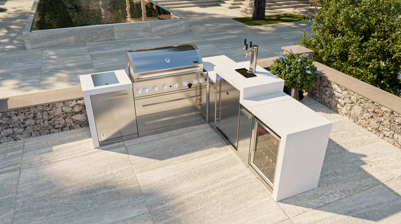 Mont Alpi 805 Deluxe BBQ Grill Island with 90 Degree Corner, Kegerator & Fridge Cabinet - MAi805-D90KEGFC
