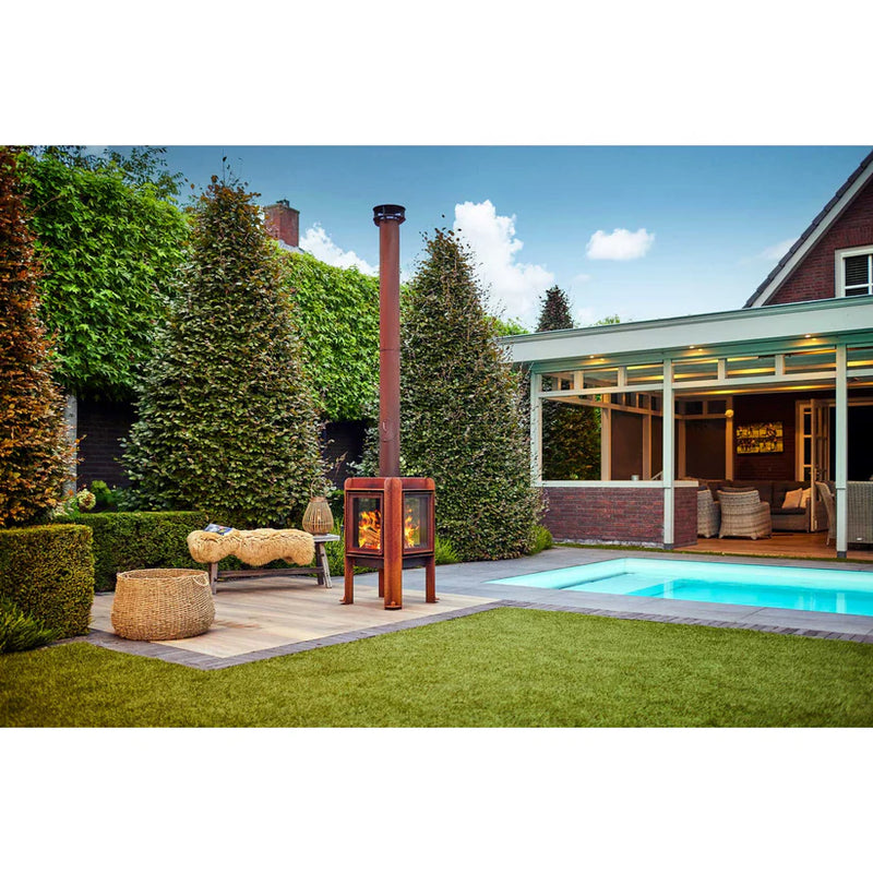 Fennek 50 4-Sided Glass CorTen Steel Wood-Burning Outdoor Fireplace | RB73