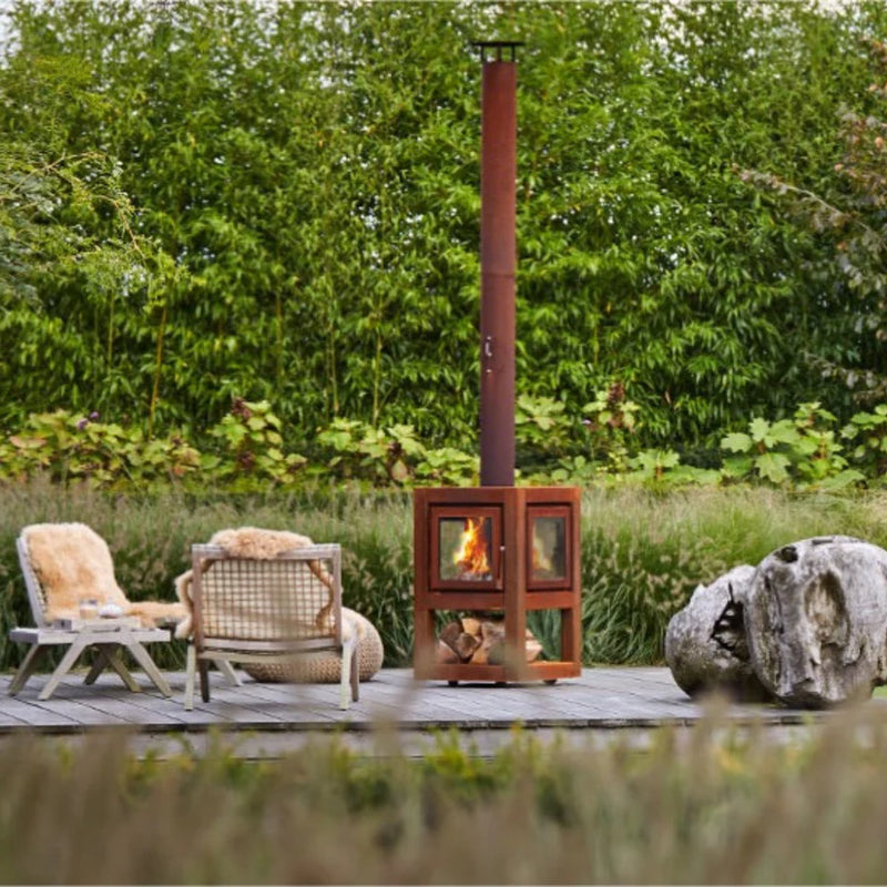 Quaruba MOBILE 4-Sided Glass CorTen Steel Wood-Burning Outdoor Fireplace | RB73