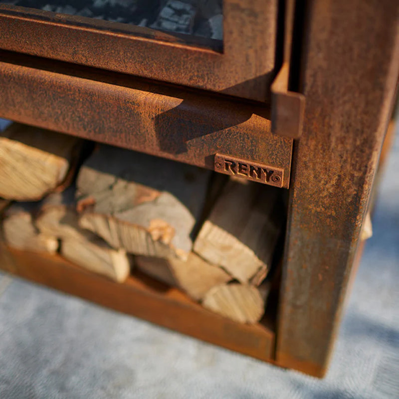 Quaruba MOBILE 4-Sided Glass CorTen Steel Wood-Burning Outdoor Fireplace | RB73