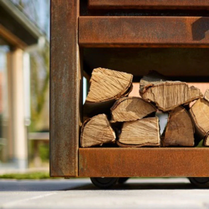 Quaruba MOBILE 4-Sided Glass CorTen Steel Wood-Burning Outdoor Fireplace | RB73