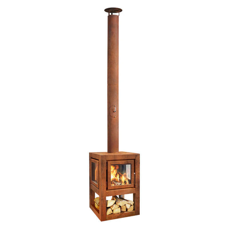 Quaruba MOBILE 4-Sided Glass CorTen Steel Wood-Burning Outdoor Fireplace | RB73
