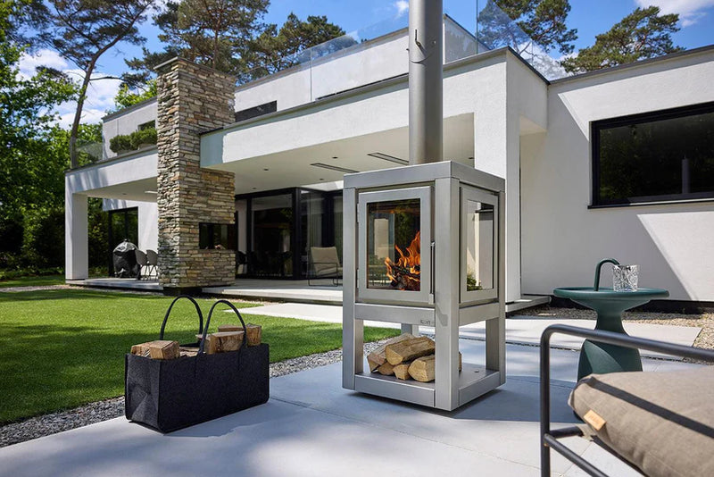 Quaruba MOBILE 4-Sided Glass Matte Stainless Steel Wood-Burning Outdoor Fireplace | RB73