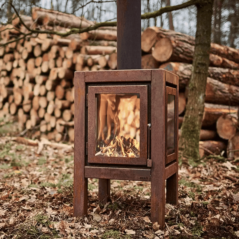 Quaruba MOBILE 4-Sided Glass CorTen Steel Wood-Burning Outdoor Fireplace | RB73