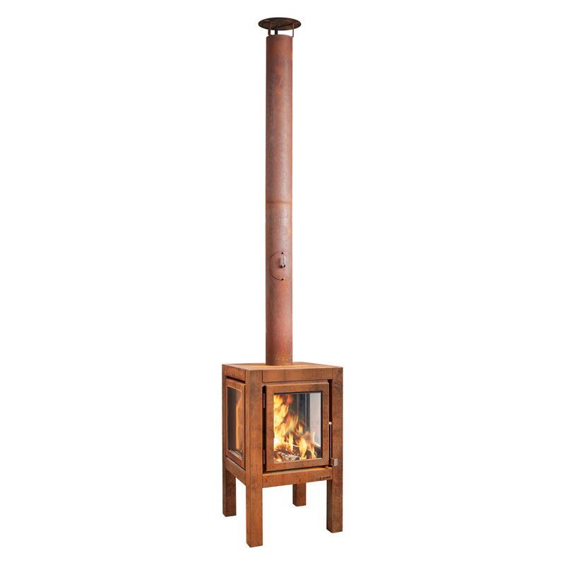 Quaruba MOBILE 4-Sided Glass CorTen Steel Wood-Burning Outdoor Fireplace | RB73