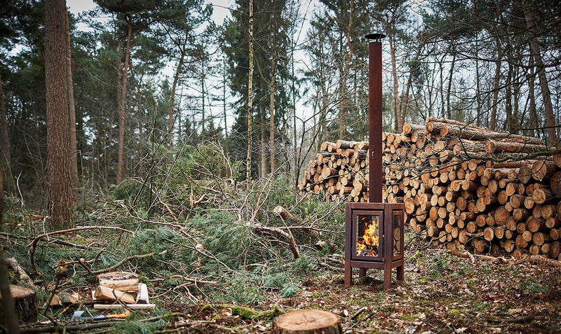 Quaruba MOBILE 3-Sided Glass CorTen Steel Wood-Burning Outdoor Fireplace | RB73