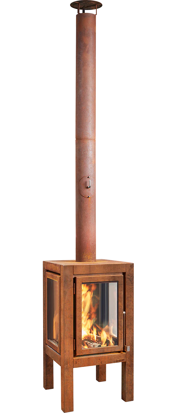 Quaruba MOBILE 3-Sided Glass CorTen Steel Wood-Burning Outdoor Fireplace | RB73