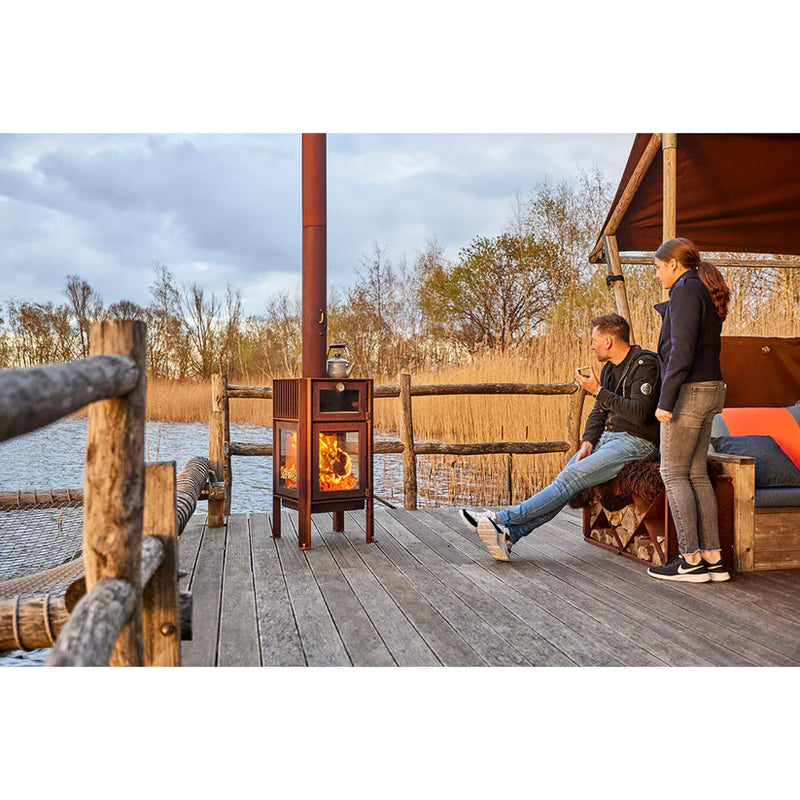 Quercus 3-sided Glass CorTen Steel Wood-Burning Fireplace and Oven | RB73