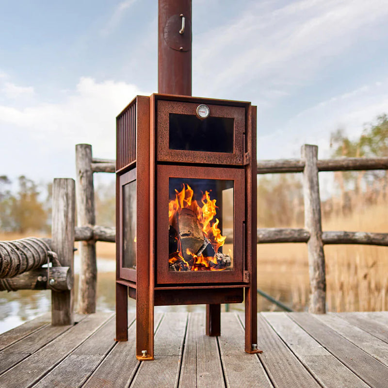 Quercus 3-sided Glass CorTen Steel Wood-Burning Fireplace and Oven | RB73