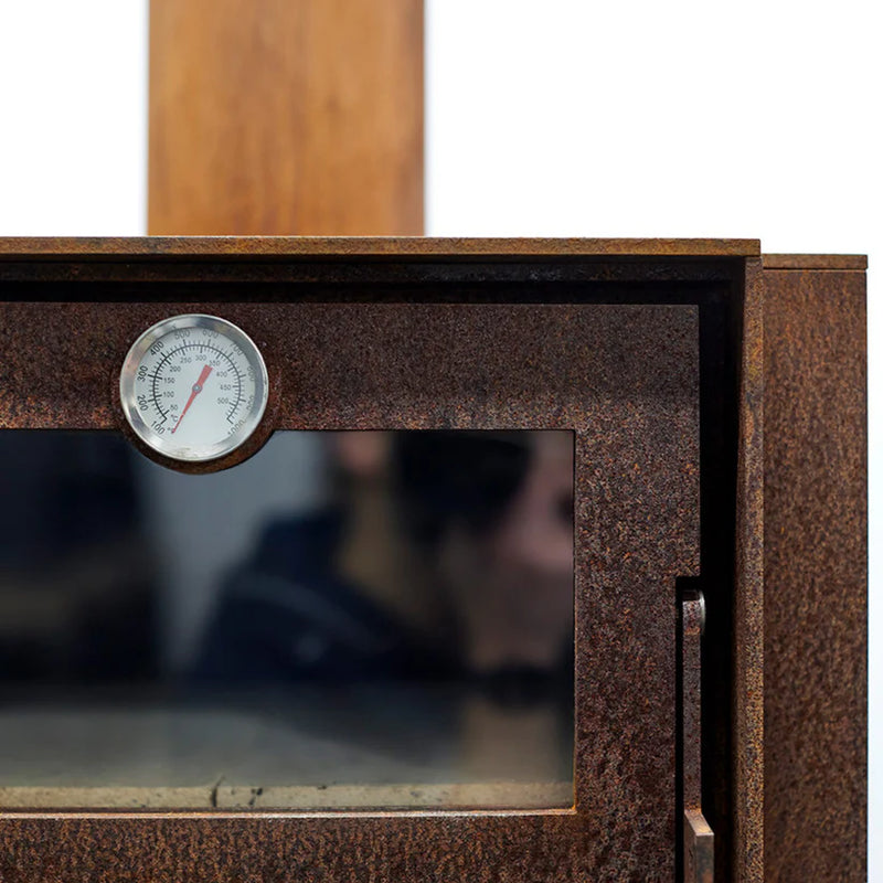 Quercus 3-sided Glass CorTen Steel Wood-Burning Fireplace and Oven | RB73