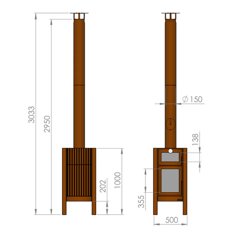 Quercus 3-sided Glass CorTen Steel Wood-Burning Fireplace and Oven | RB73