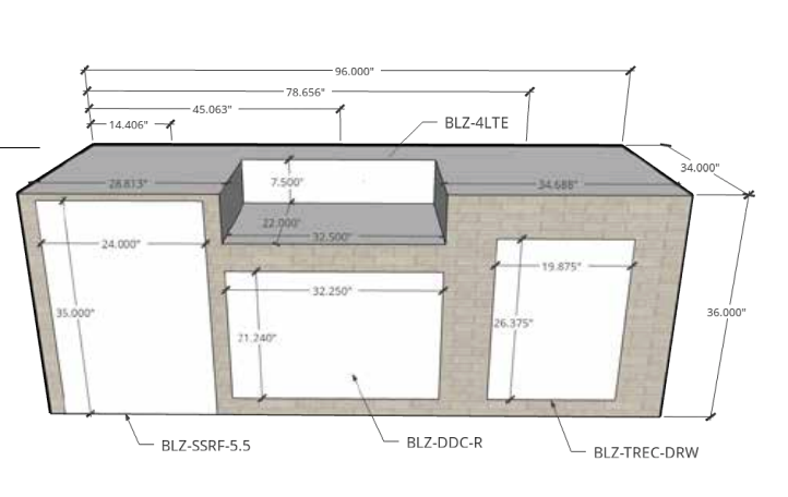 EZ Finish Systems 8 Ft Ready-To-Finish Grill Island with Blaze Premium LTE 32-Inch Grill, 2-Drawer Refrigerator, Combo, and Trash Drawer