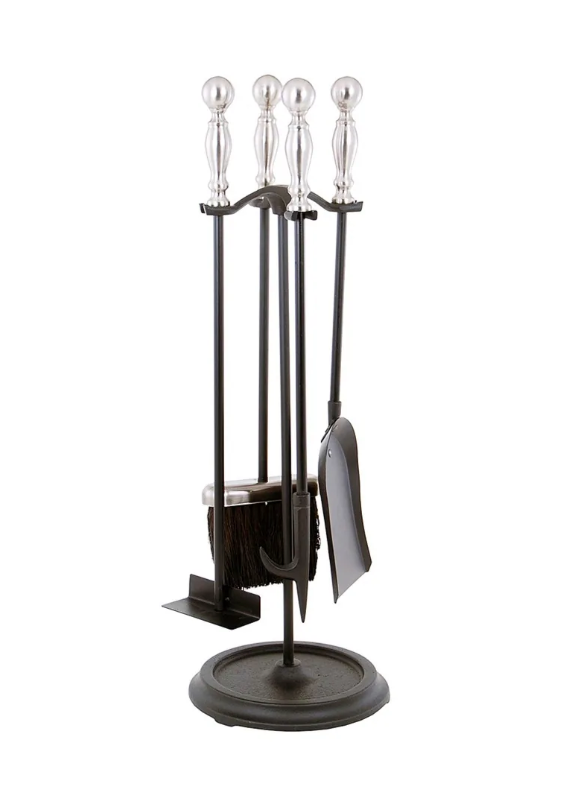 Minuteman International Bolton Mini Set of 4 Fireplace Tools, 24 Inch Tall, Black and Polished Pewter